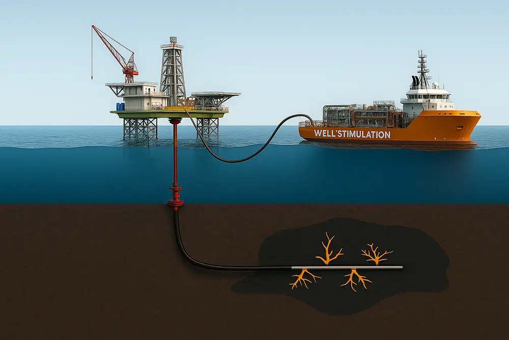 Well stimulation vessel operating offshore with emission control systems